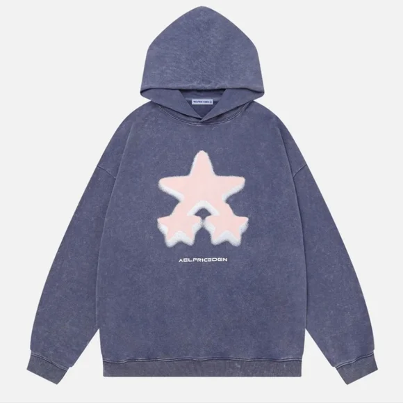 Aelfric Eden Blue and Pink Star Slouchy Hoodie Womens Small Medium Oversized
